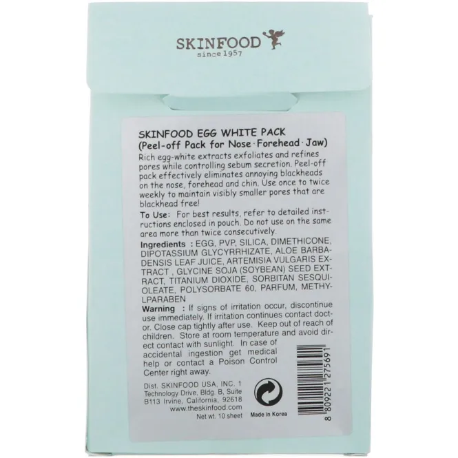 Skinfood, Маска с яичным белком, Маска-пилинг для носа, лба, подбородка, 10 листов