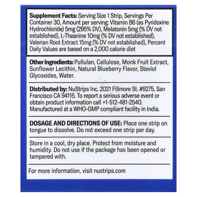 NuStrips, Sleep In A Strip™, голубика, 30 полосок