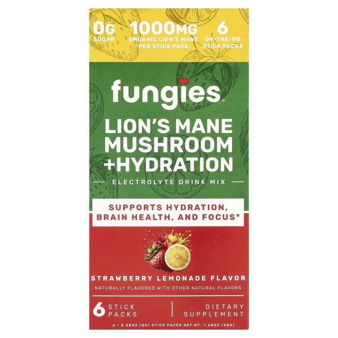 Fungies, ежовик гребенчатый, гриб, гидратация, смесь для приготовления электролитического напитка, клубничный лимонад, 6 пакетиков по 8 г (0,28 унции)