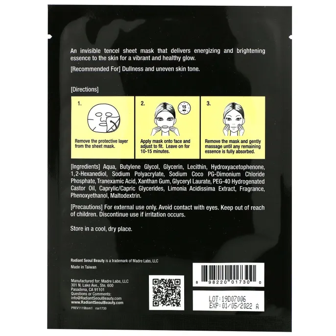Radiant Seoul, осветляющая тканевая маска, 1 шт., 25 мл (0,85 унции)