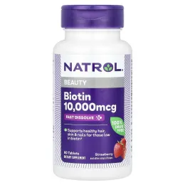 Natrol, быстрорастворимый биотин, максимальная эффективность, клубника, 10 000 мкг, 60 таблеток