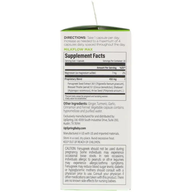 UpSpring, Milkflow Max, суперсмесь пажитника, 30 вегетарианских капсул