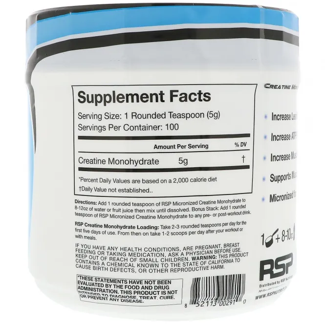 RSP Nutrition, Моногидрат креатина, Креатин в виде тонкоизмельченного порошка, 17,6 унции (500 г)