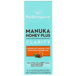 Wedderspoon, Manuka Honey Plus, Clarity, Chocolate Caramel with Sunflower Seedbutter, 5 Pouches, 1.1 oz (30 g) Each
