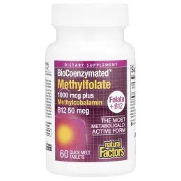 Natural Factors, BioCoenzymated, фолат и B12, метилфолат, 1000 мкг, 60 быстро рассасывающихся таблеток