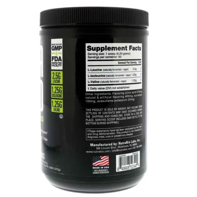 NutraBio Labs, Аминоскислоты с разветвленнной цепью (BCAA) 5000, лимон и лайм, 0,83 фунта (374 г)