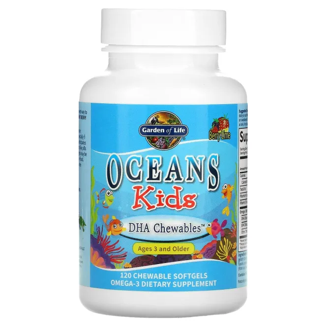 Garden of Life Oceans Kids DHA Chewables от трёх лет и старше с лаймом, 120 жевательных таблеток