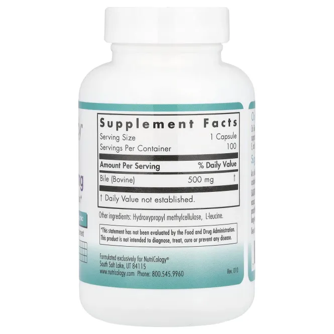 Nutricology, Бычья желчь, 500 мг, 100 растительных капсул