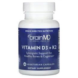 BrainMD, витамины D3 и К2, 60 вегетарианских капсул