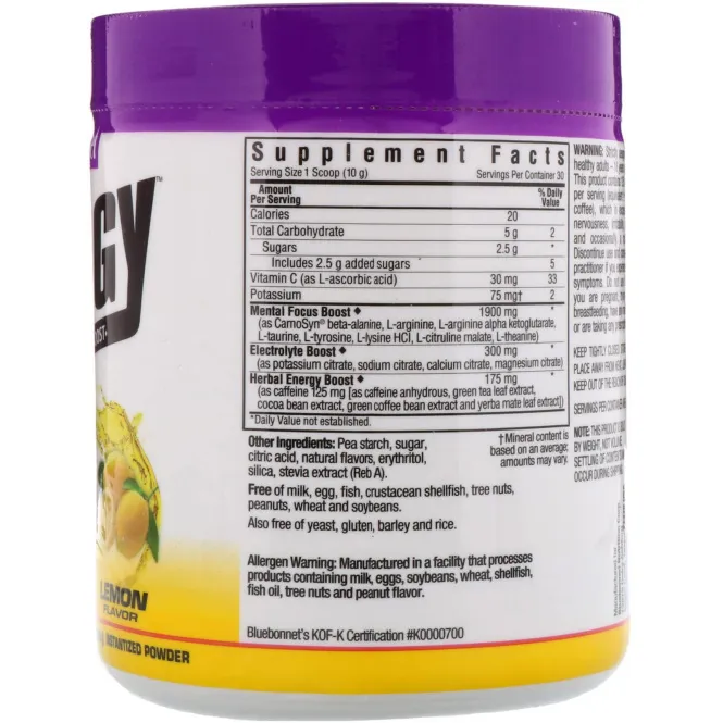 Bluebonnet Nutrition, Просто энергия, Вкус лимона, 10,58 унц. (300 г)