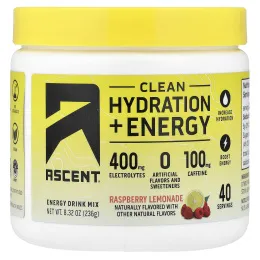 Ascent, Clean Hydration + Energy, Energy Drink Mix, Raspberry Lemonade, 8.32 oz (236 g)