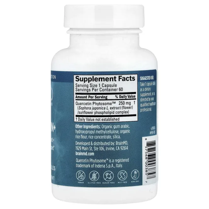 BrainMD, Кверцетин +, 60 веганских капсул (250 мг на капсулу)