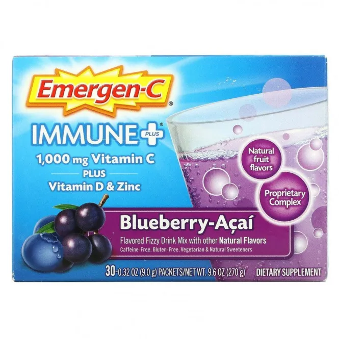 Emergen-C, Immune +,  Vitamin C Plus Vitamin D & Zinc, Blueberry-Acai, 1,000 mg, 30 Packets, 0.32 oz (9.0 g) Each