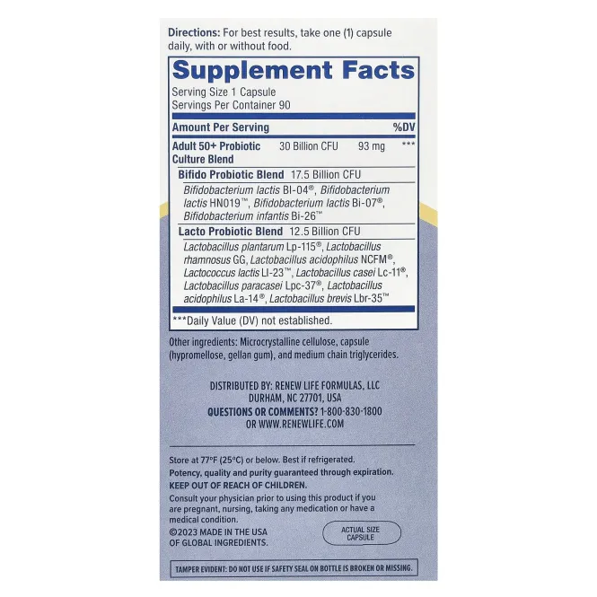 Renew Life, Ultimate Flora, пробиотик для взрослых старше 50 лет, 30 млрд КОЕ, 90 вегетарианских капсул