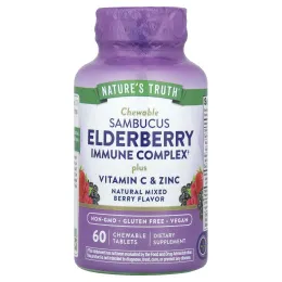 Nature's Truth, Иммунный комплекс Sambucus Black Elderberry, плюс витамин C и цинк, натуральная смесь ягод, 60 жевательных таблеток