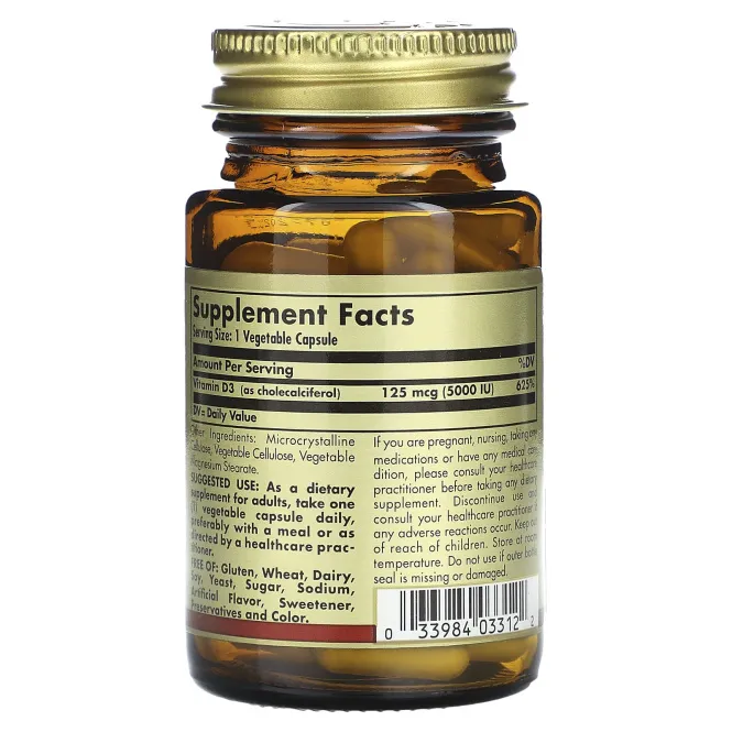 Solgar, Витамин D3, 125 мкг 5000 МЕ, 60 растительных капсул