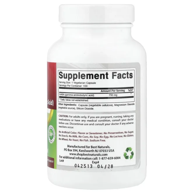 Best Naturals, ГАМК, 750 мг, 100 вегетарианских капсул