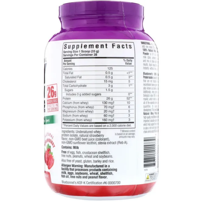 Bluebonnet Nutrition, 100% Натуральный Изолят Сывороточного Протеина с Клубничным Вкусом, 2 фунта (924 г)