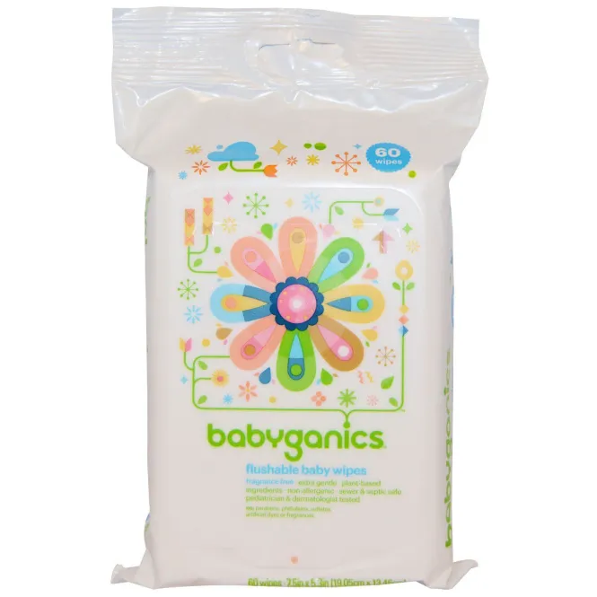 BabyGanics, Смываемые детские салфетки, без запаха, 60 салфеток