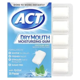 Act, увлажняющая жевательная резинка против сухости во рту с ксилитолом, без сахара, успокаивающая мята, 20 шт.