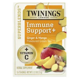 Twinings, Superblends ™, поддержка иммунитета и зеленый чай, имбирь и манго, 16 чайных пакетиков, 32 г (1,12 унции)