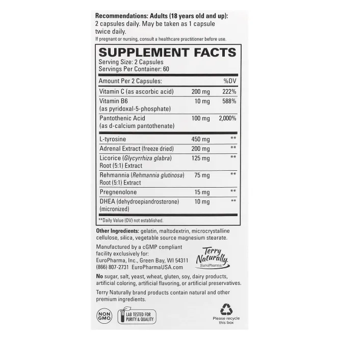 EuroPharma, Terry Naturally, Adrenaplex, максимальная поддержка функции надпочечников, 120 капсул