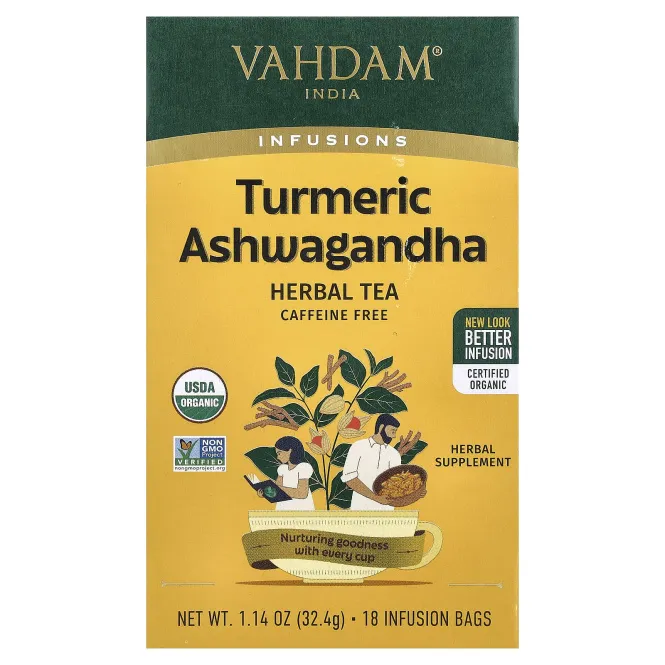 VAHDAM India, Infusions, куркума и ашваганда, без кофеина, 18 пакетиков для заваривания, 32,4 г (1,14 унции)