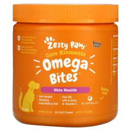 Zesty Paws, Omega Bites, добавка для собак, для здоровья кожи и шерсти животных, с ароматизатором «Бекон», 90 мягких жевательных таблеток