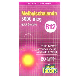 Natural Factors, B12, метилкобаламин, 5000 мкг, 60 жевательных таблеток