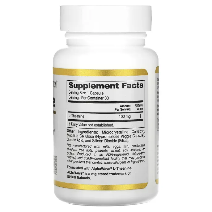 California Gold Nutrition, L-теанин, AlphaWave, способствует расслаблению, успокоению и концентрации, 100 мг, 30 вегетарианских капсул