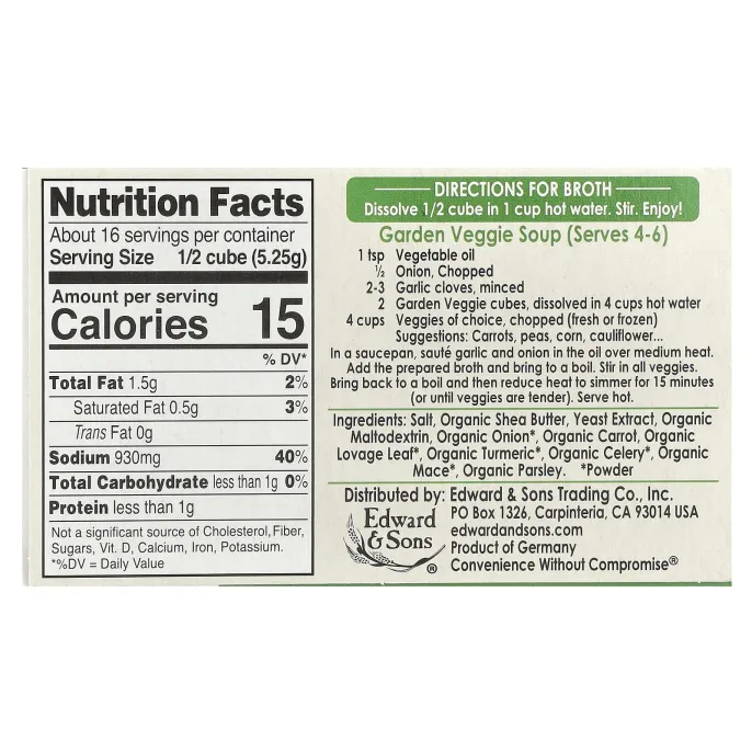 Edward & Sons, Edward & Sons, Garden Veggie, Bouillon Cubes, 8 Cubes
