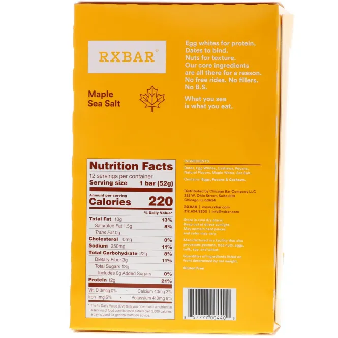 RXBAR, Протеиновые батончики, кленовая соль, 12 батончиков, 52 г (1,83 унции)