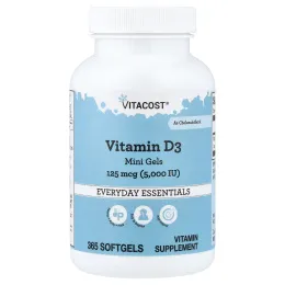 Vitacost, витамин D3 в мини-капсулах, 125 мкг (5000 МЕ), 365 капсул