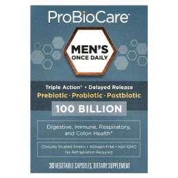 ProBioCare, Men's Once Daily, пребиотик, пробиотик, постбиотик, 100 млрд, 30 растительных капсул