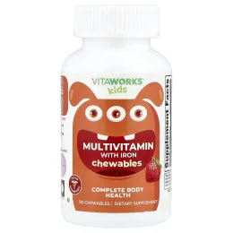 VitaWorks, мультивитамины с железом, для детей, фруктовое ассорти, 120 жевательных таблеток