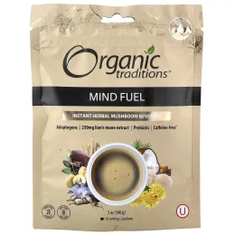 Organic Traditions, растворимый травяной грибной напиток, топливо для ума, без кофеина, 140 г (5 унций)