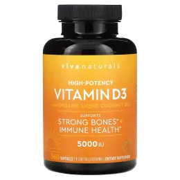 Viva Naturals, витамин D3 с органическим жидким кокосовым маслом, высокоэффективный, 5000 МЕ, 360 мягких таблеток