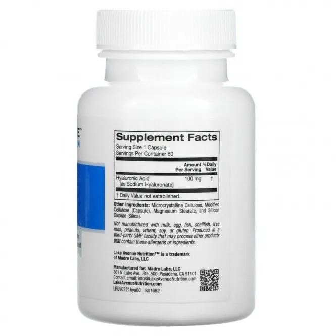 Lake Avenue Nutrition, гиалуроновая кислота, 100 мг, 60 растительных капсул