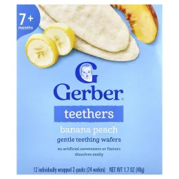 Gerber, вафли для прорезывания зубов, для детей от 7 месяцев, банан и персик, 12 пакетиков по 4 г (0,14 унции), по 2 вафли в пакетике