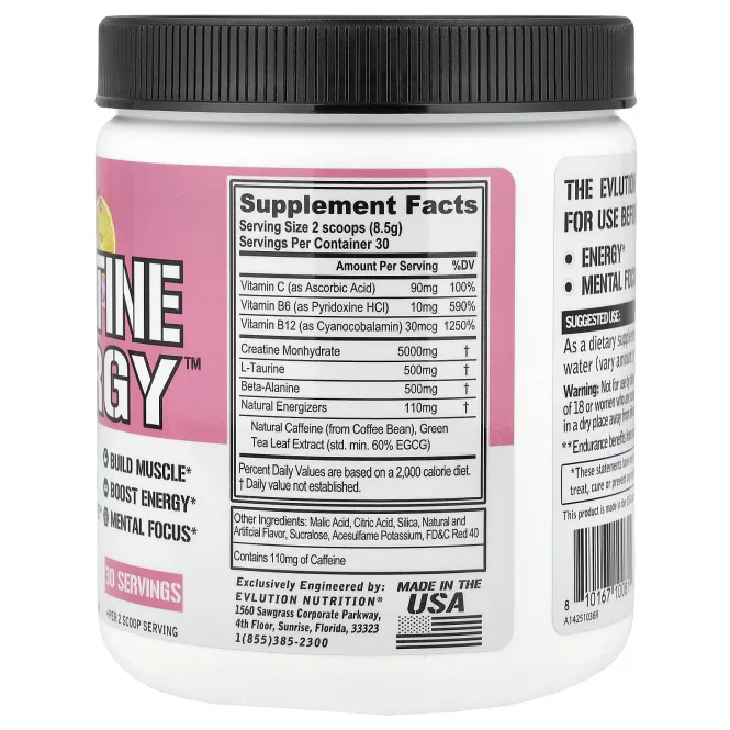 EVLution Nutrition, Creatine Energy™, розовый лимонад, 225 г (9 унций)