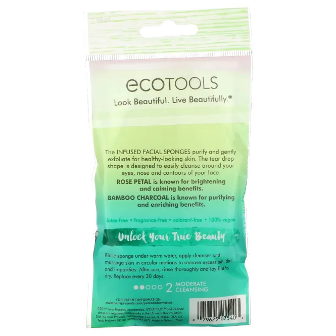 EcoTools, Infused Facial Sponges, Rose Petal + Bamboo Charcoal , 2 Sponges