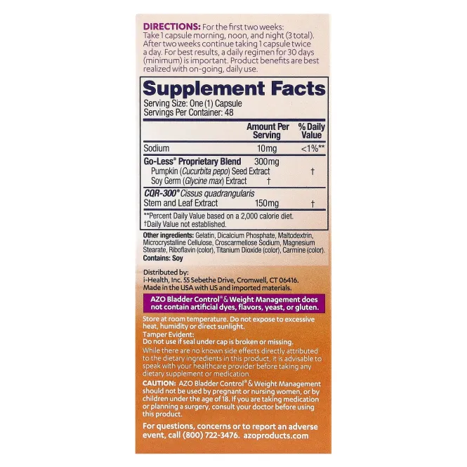 AZO, Контроль за мочевым пузырем, уход и контроль веса, 48 капсул