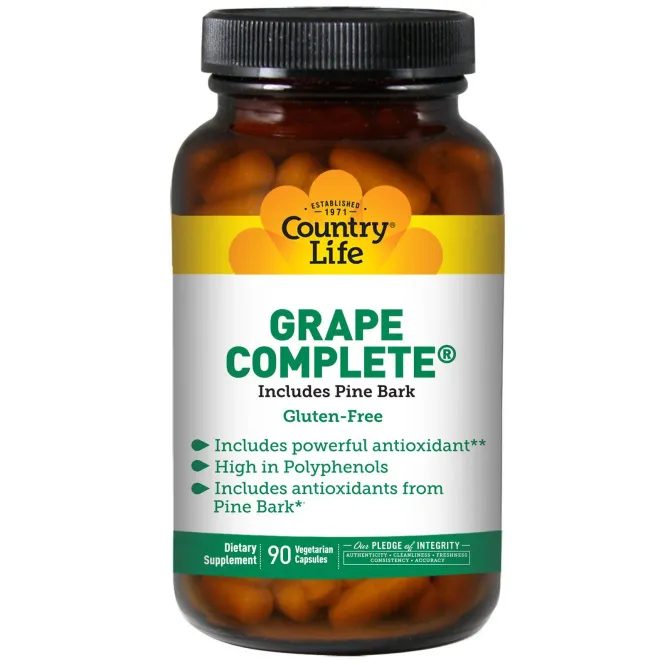 Country Life, Grape Complete, включает сосновую кору, 90 вегетарианских капсул