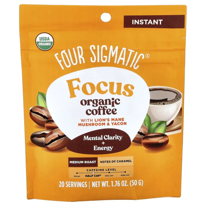 Four Sigmatic, Focus, органический растворимый кофе с грибом ежовиком гребенчатым и яконом, средняя обжарка, 50 г (1,76 унции)