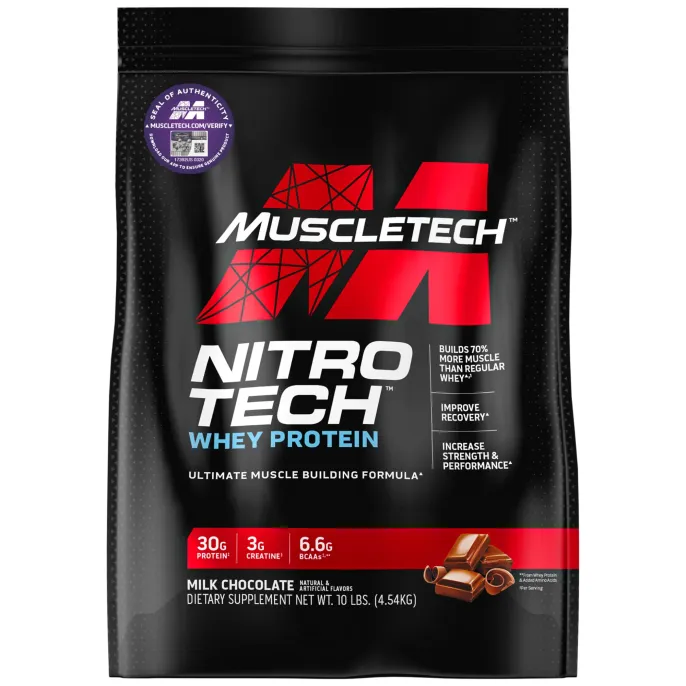 Muscletech, Nitro Tech, сывороточные пептиды и изолят сыворотки, средство для наращивания сухой мышечной массы, сывороточный протеин в порошке, со вкусом молочного шоколада, 4,54 кг (10 фунтов)