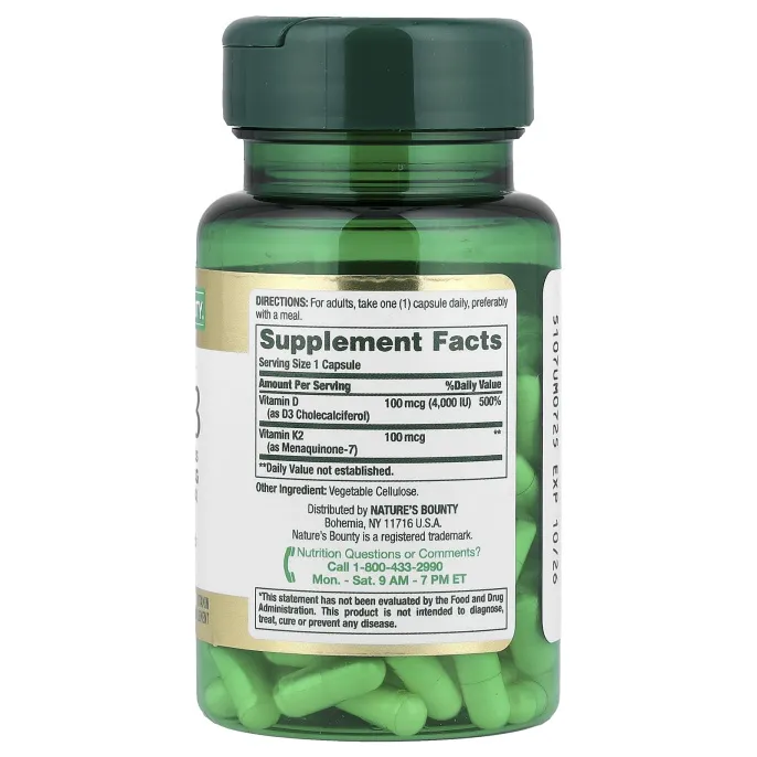 Nature's Bounty, витамины K2 и D3, 60 растительных капсул