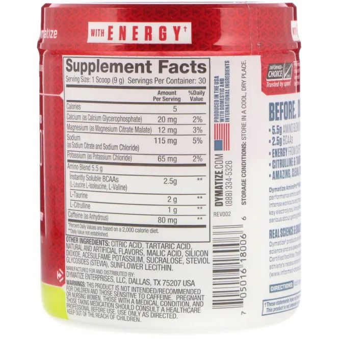 Dymatize Nutrition, AminoPro с энергией, лимон и лайм с кофеином, 9,52 унц. (270 г)