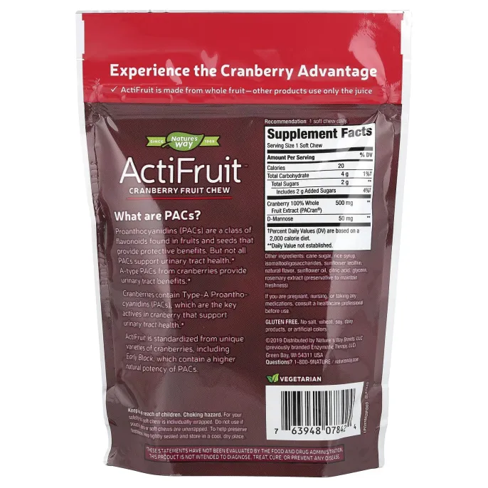 Nature's Way, ActiFruit ™, жевательные таблетки с клюквой, 500 мг, 20 жевательных таблеток