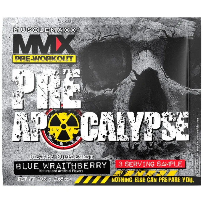 MuscleMaxx, ДО АПОКАЛИПСИСА, перед тренировкой, аргинин + таурин + креатин + бета-аланин, ежевика, 3 порций-образцов (0,68 унц.) (19,2 г)