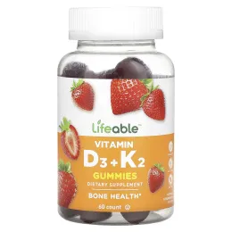 Lifeable, Жевательные мармеладки с витамином D3 и K2, натуральная клубника, 60 жевательных таблеток